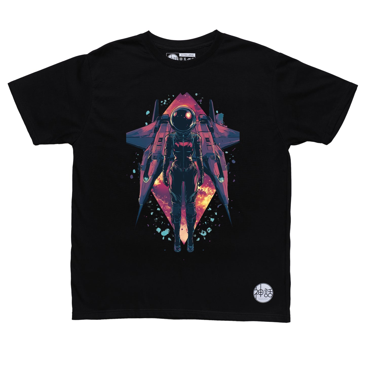 Lone astronaut standing in front of his spaceship with colorful nebula in the background on black t-shirt by Shinwa, streetwear brand from the Philippines