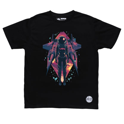 Lone astronaut standing in front of his spaceship with colorful nebula in the background on black t-shirt by Shinwa, streetwear brand from the Philippines