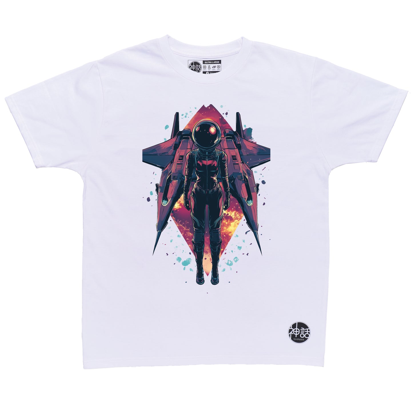 Lone astronaut standing in front of his spaceship with colorful nebula in the background on white t-shirt by Shinwa, streetwear brand from the Philippines