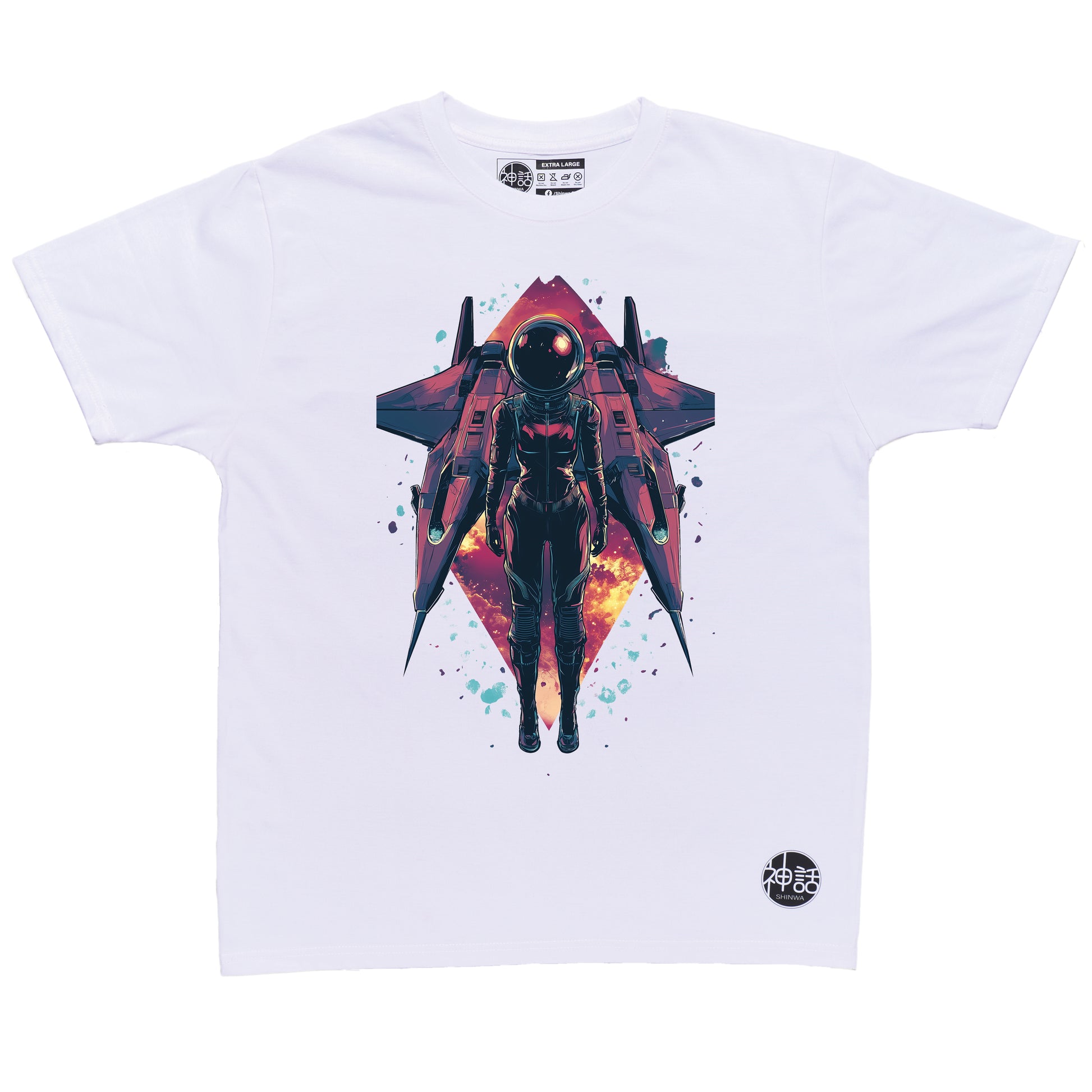 Lone astronaut standing in front of his spaceship with colorful nebula in the background on white t-shirt by Shinwa, streetwear brand from the Philippines