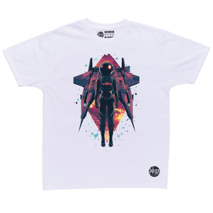 Lone astronaut standing in front of his spaceship with colorful nebula in the background on white t-shirt by Shinwa, streetwear brand from the Philippines