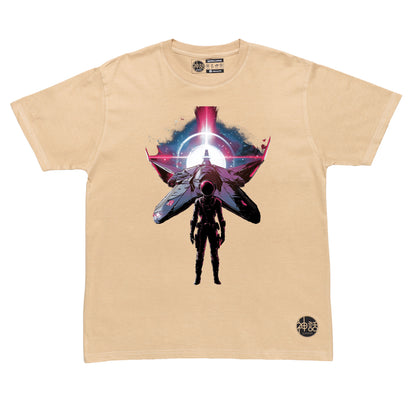 Lone astronaut standing in front of his spaceship on beige t-shirt by Shinwa, streetwear brand from the Philippines