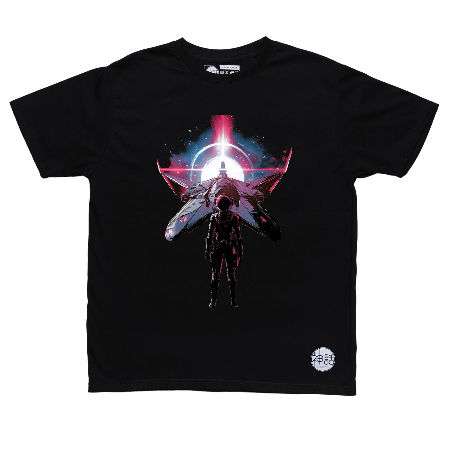 Lone astronaut standing in front of his spaceship on black t-shirt by Shinwa, streetwear brand from the Philippines