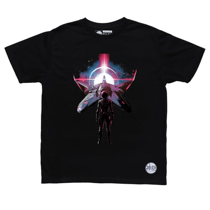 Lone astronaut standing in front of his spaceship on black t-shirt by Shinwa, streetwear brand from the Philippines