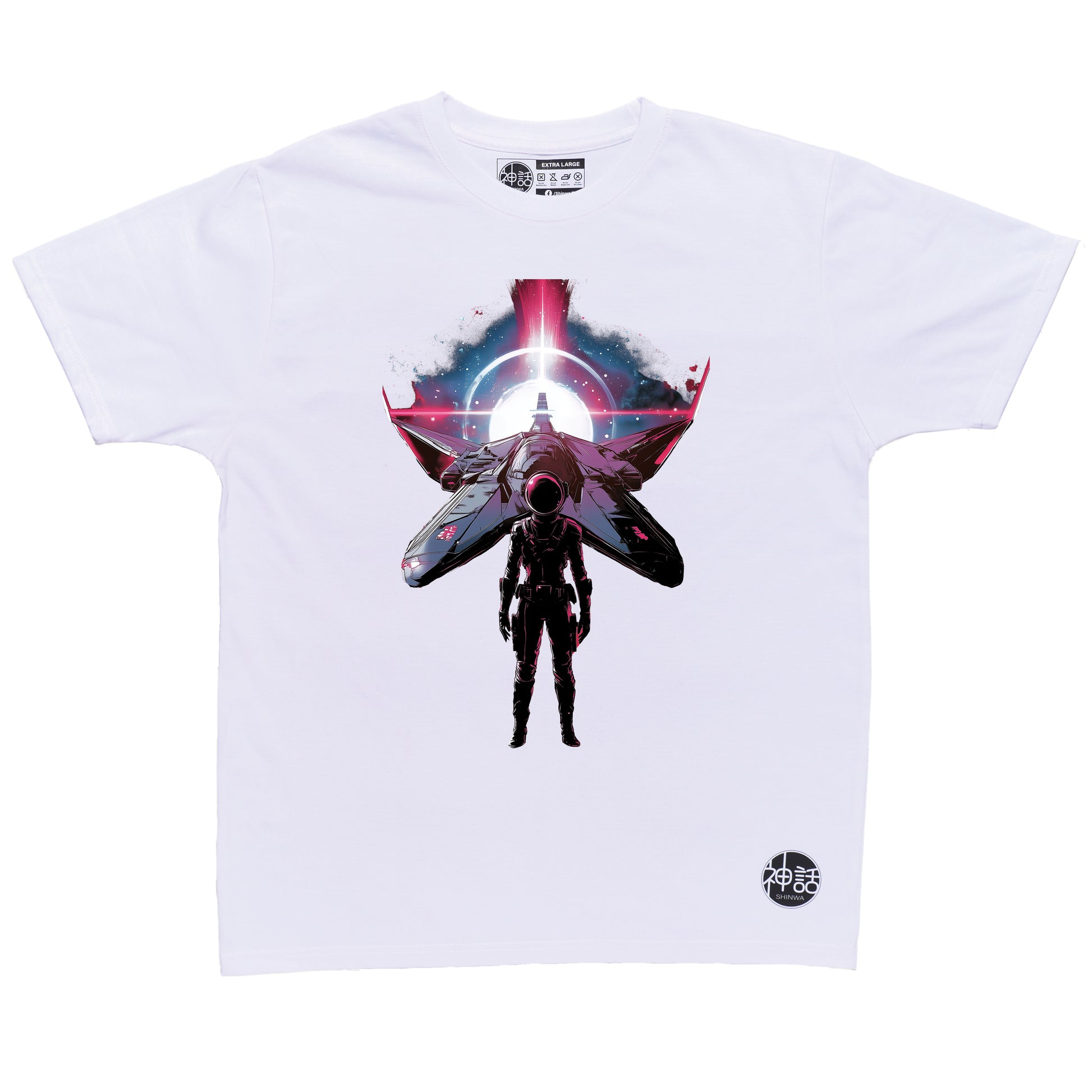Lone astronaut standing in front of his spaceship on white t-shirt by Shinwa, streetwear brand from the Philippines