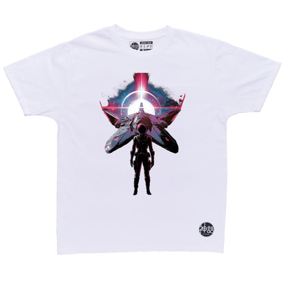 Lone astronaut standing in front of his spaceship on white t-shirt by Shinwa, streetwear brand from the Philippines