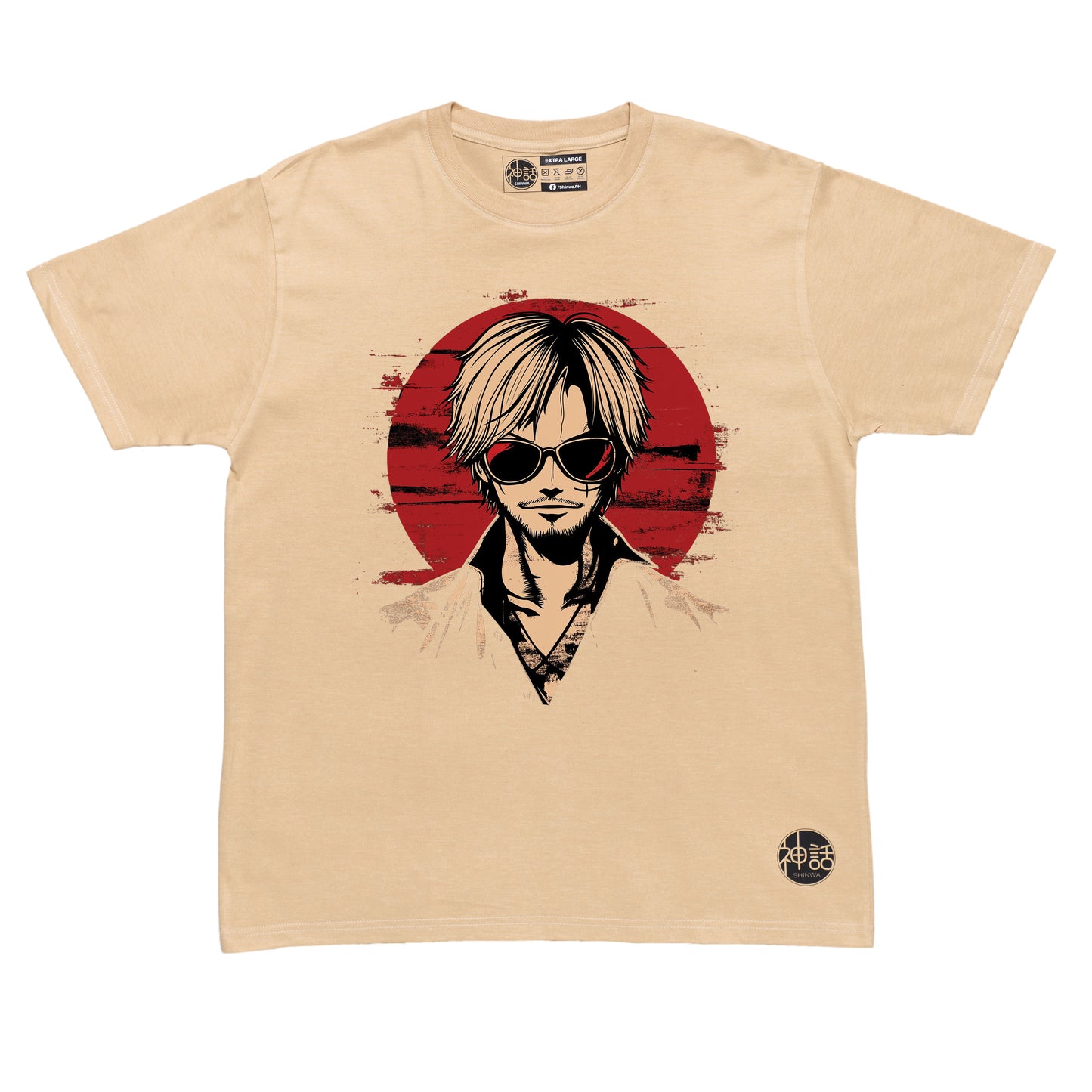 stylized anime character with blonde hair in white high-collar robe staring intensely against red sun on beige t-shirt by Shinwa, streetwear brand from the Philippines