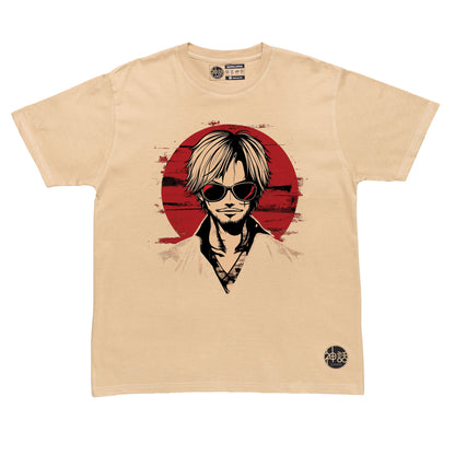 stylized anime character with blonde hair in white high-collar robe staring intensely against red sun on beige t-shirt by Shinwa, streetwear brand from the Philippines