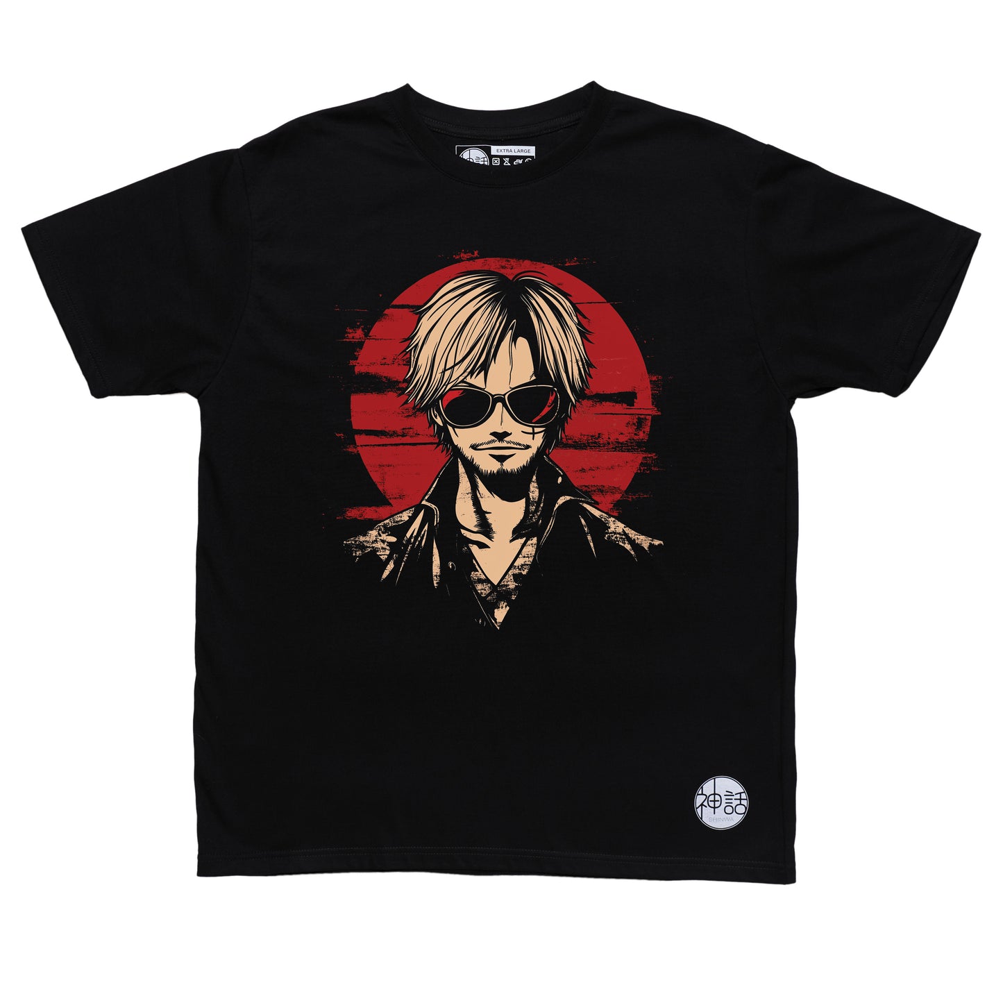 stylized anime character with blonde hair in white high-collar robe staring intensely against red sun on black t-shirt by Shinwa, streetwear brand from the Philippines