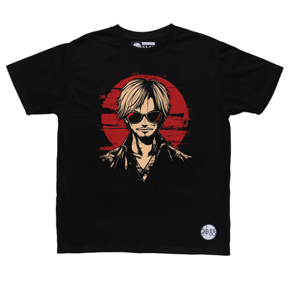 stylized anime character with blonde hair in white high-collar robe staring intensely against red sun on black t-shirt by Shinwa, streetwear brand from the Philippines