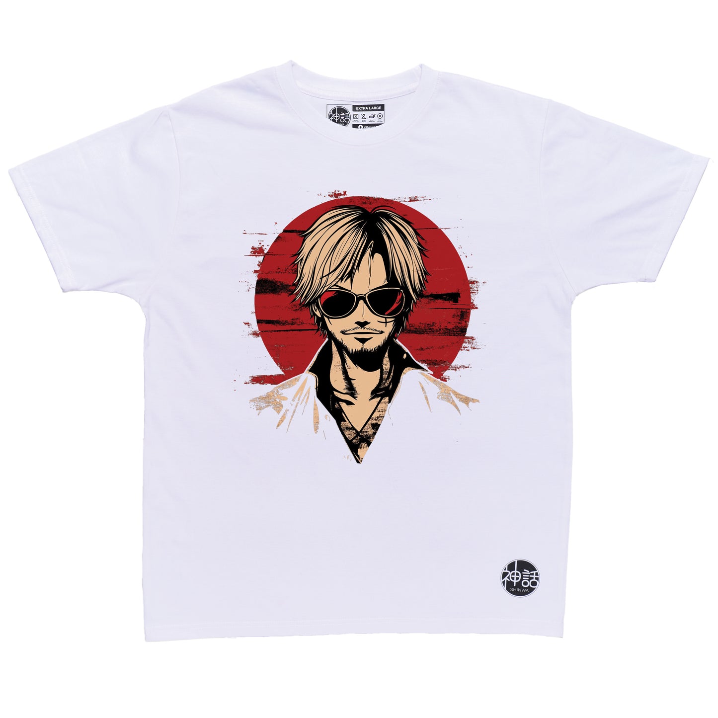 stylized anime character with blonde hair in white high-collar robe staring intensely against red sun on white t-shirt by Shinwa, streetwear brand from the Philippines