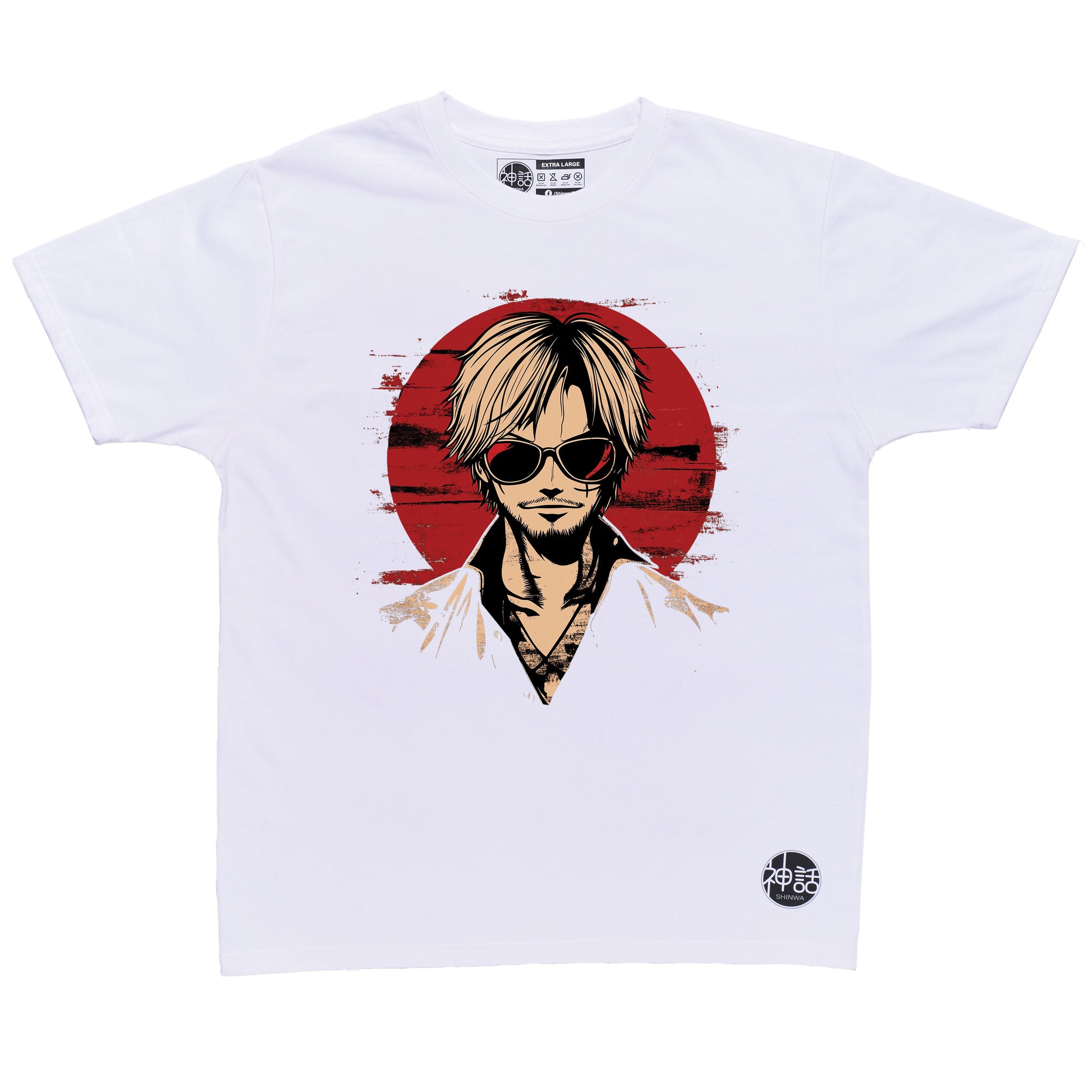 stylized anime character with blonde hair in white high-collar robe staring intensely against red sun on white t-shirt by Shinwa, streetwear brand from the Philippines