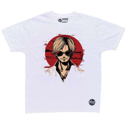 stylized anime character with blonde hair in white high-collar robe staring intensely against red sun on white t-shirt by Shinwa, streetwear brand from the Philippines