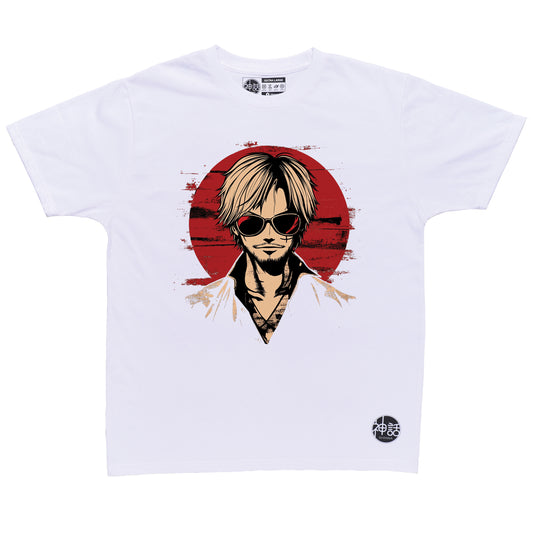 stylized anime character with blonde hair in white high-collar robe staring intensely against red sun on white t-shirt by Shinwa, streetwear brand from the Philippines