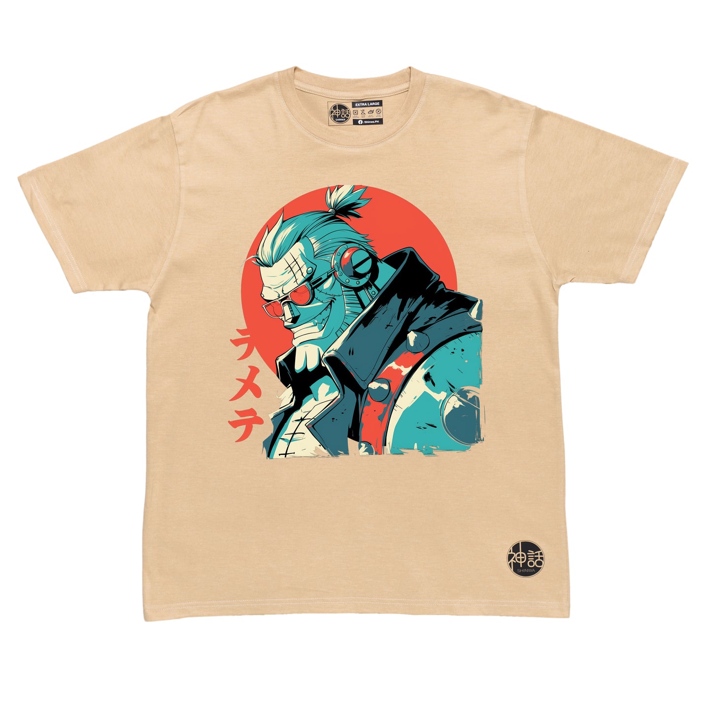 anime man with vest and sunglasses looking down and away against red sun on beige t-shirt by Shinwa, streetwear brand from the Philippines