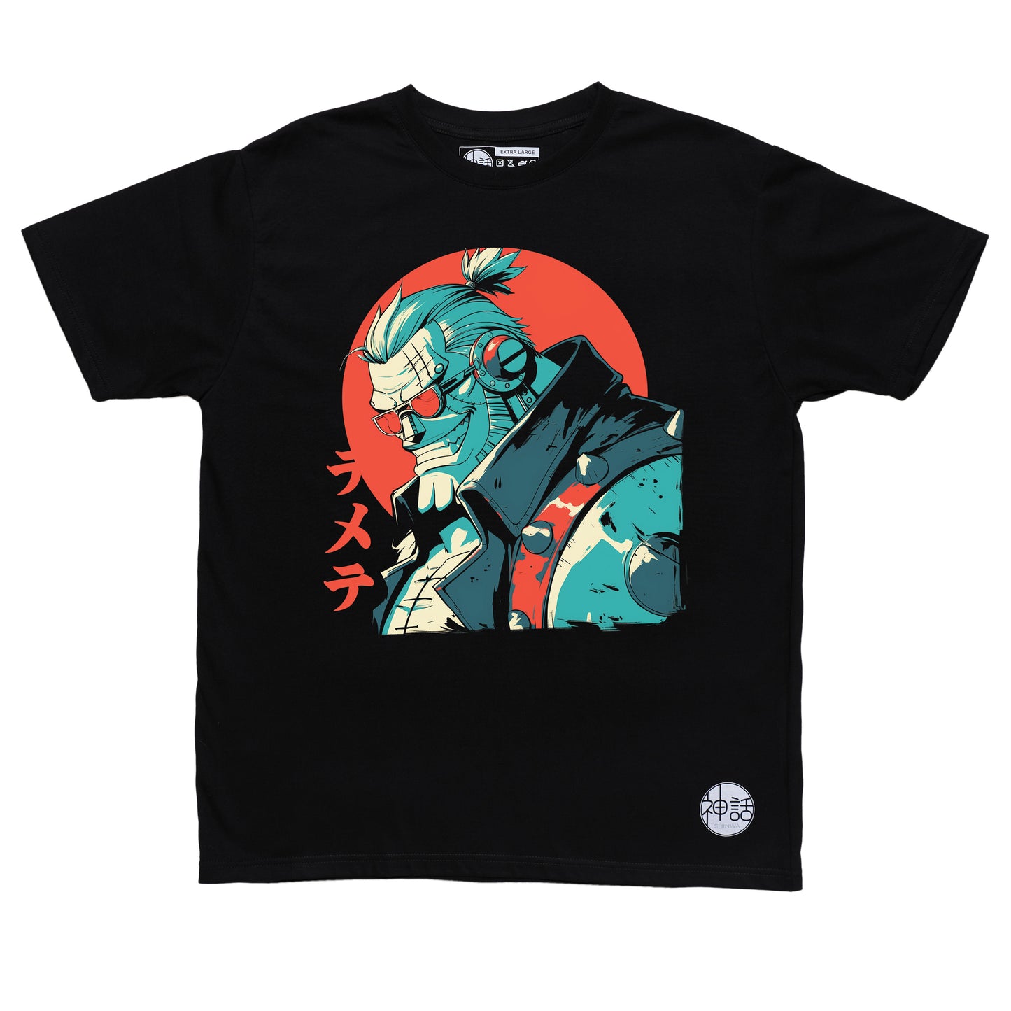 anime man with vest and sunglasses looking down and away against red sun on black t-shirt by Shinwa, streetwear brand from the Philippines
