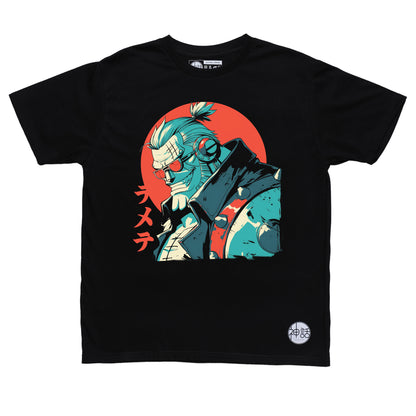 anime man with vest and sunglasses looking down and away against red sun on black t-shirt by Shinwa, streetwear brand from the Philippines