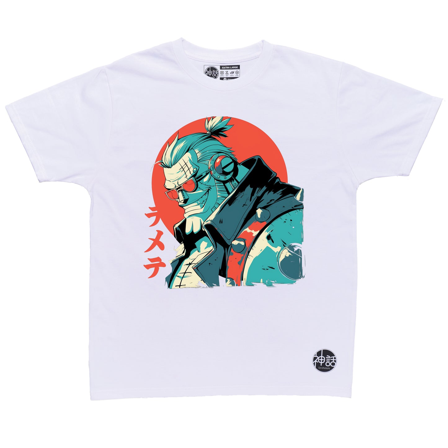 anime man with vest and sunglasses looking down and away against red sun on white t-shirt by Shinwa, streetwear brand from the Philippines