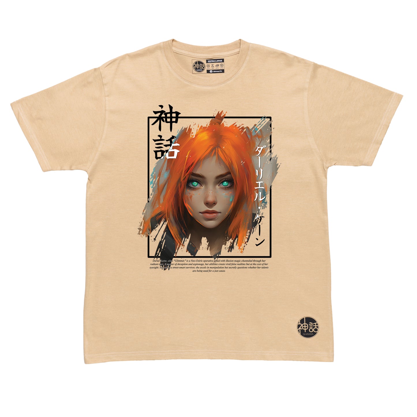 orange hair anime girl in beige t-shirt, streetwear brand from the Philippines