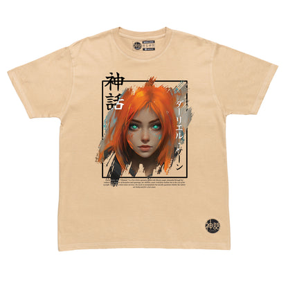 orange hair anime girl in beige t-shirt, streetwear brand from the Philippines