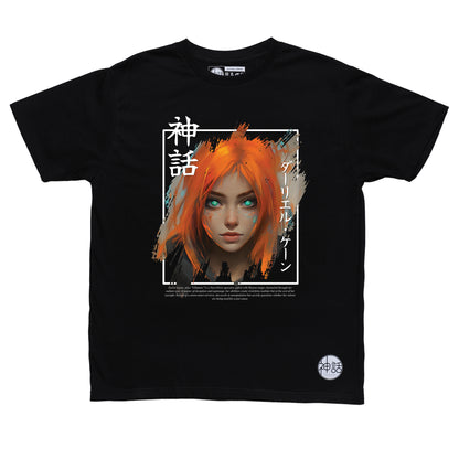 orange hair anime girl in black t-shirt, streetwear brand from the Philippines