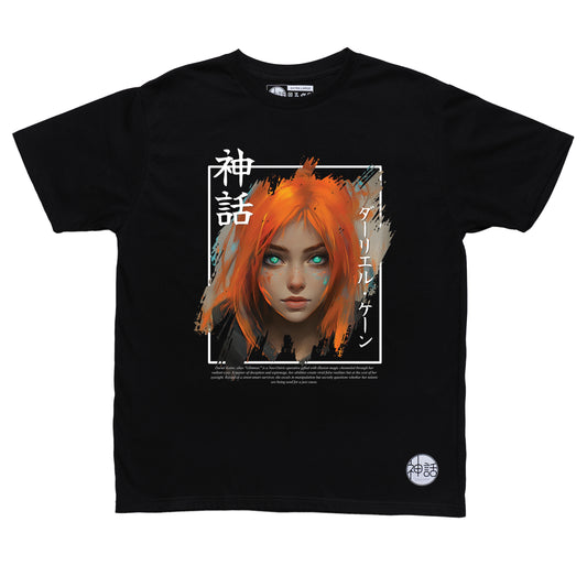 orange hair anime girl in black t-shirt, streetwear brand from the Philippines