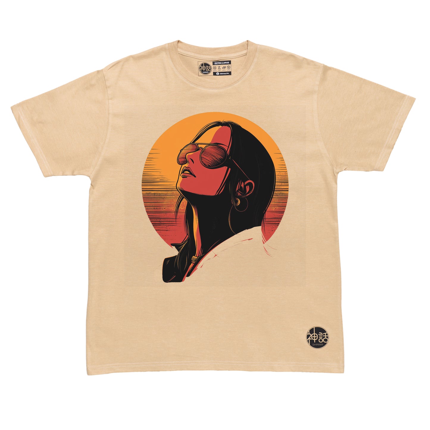 stylized anime girl with black hair wearing sunglasses looking away against sunset on beige t-shirt by Shinwa, streetwear brand from the Philippines