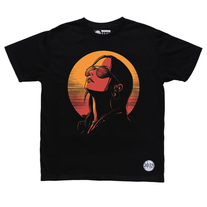 stylized anime girl with black hair wearing sunglasses looking away against sunset on black t-shirt by Shinwa, streetwear brand from the Philippines
