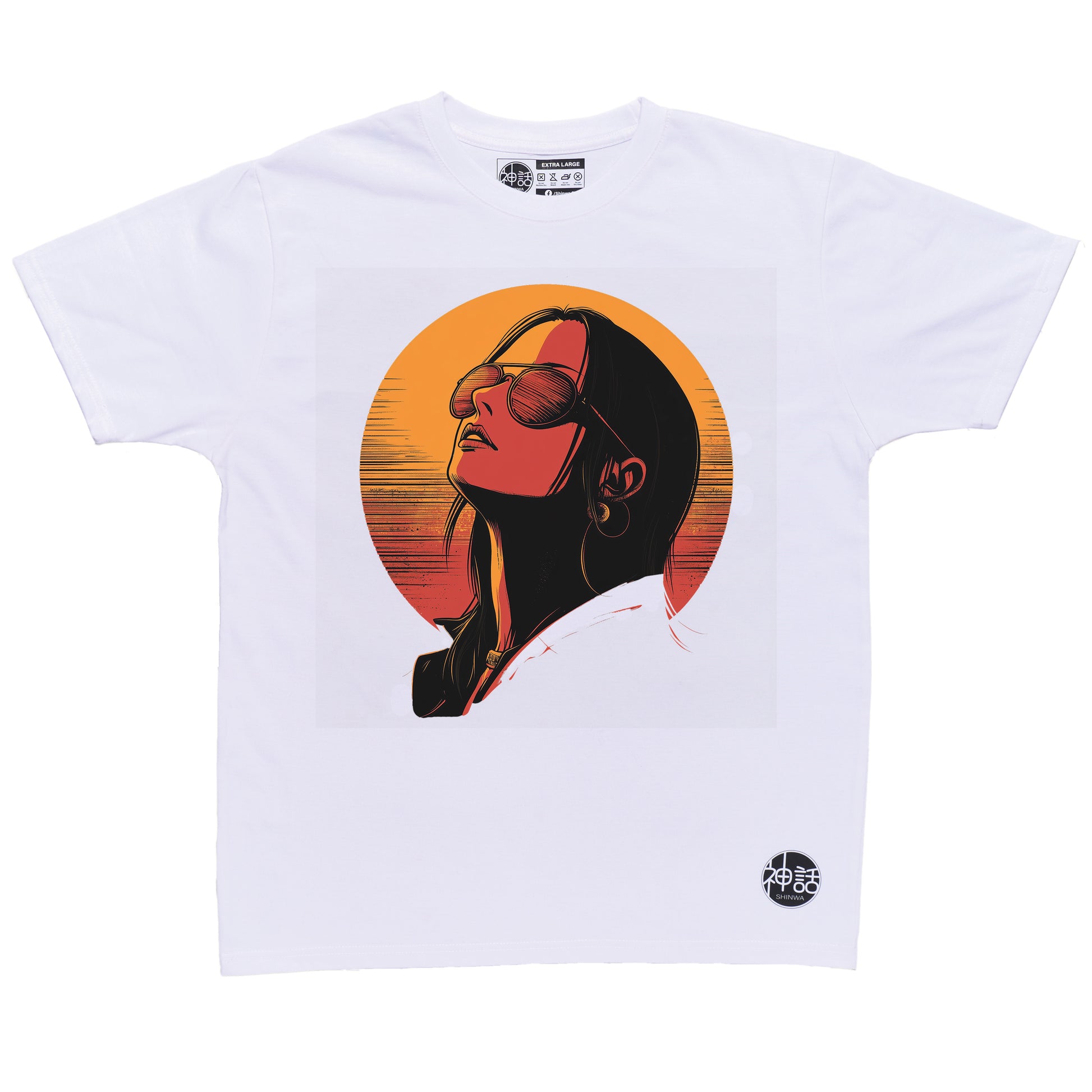stylized anime girl with black hair wearing sunglasses looking away against sunset on white t-shirt by Shinwa, streetwear brand from the Philippines