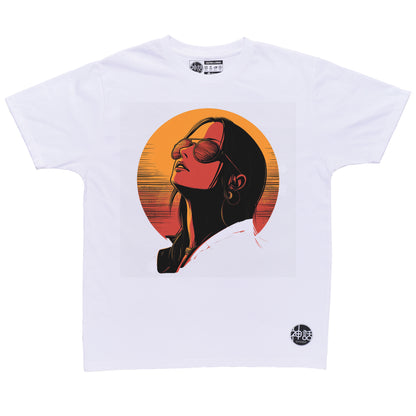 stylized anime girl with black hair wearing sunglasses looking away against sunset on white t-shirt by Shinwa, streetwear brand from the Philippines