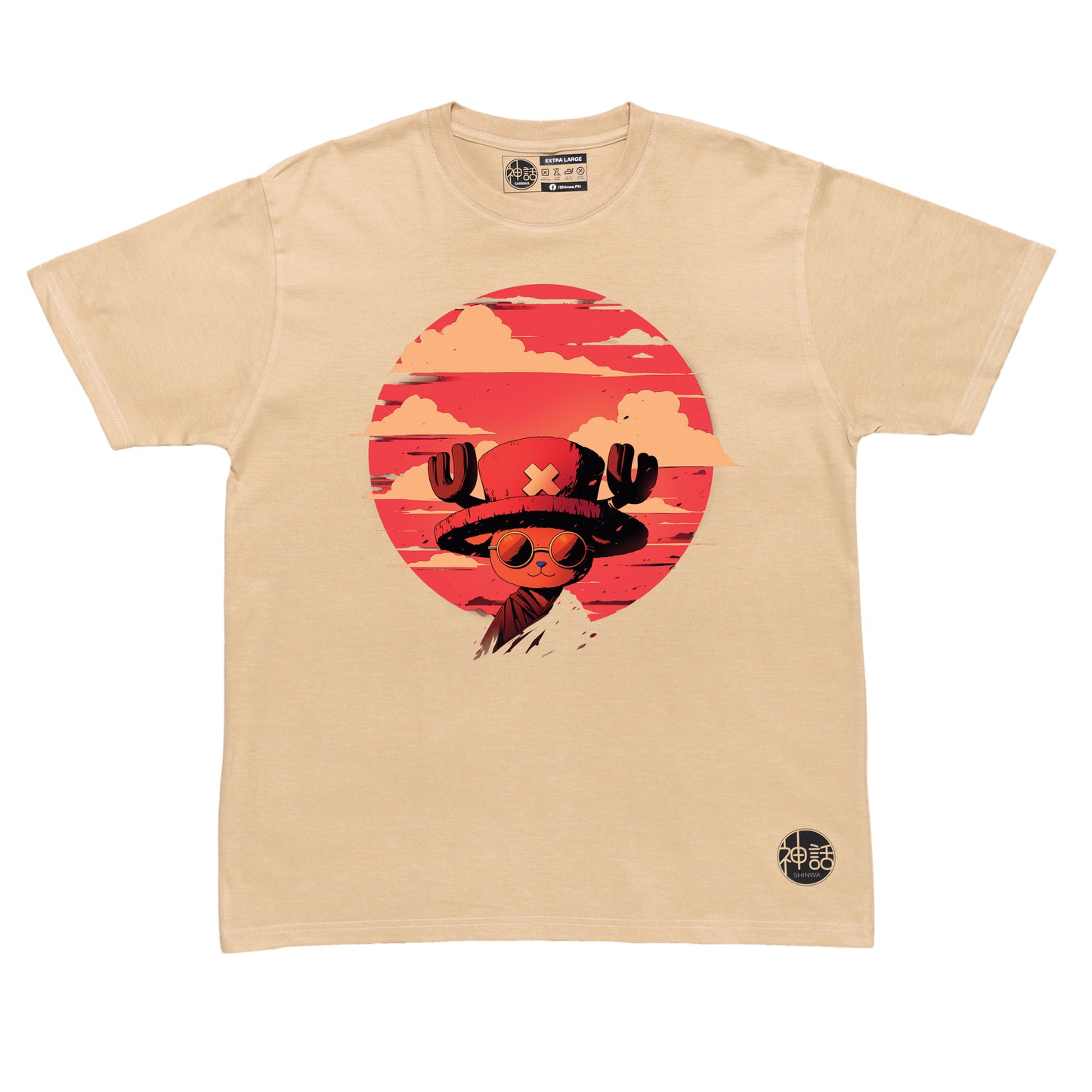 anime reindeer boy wearing hat with X and sunglasses smiling at camera against red sky on beige t-shirt by Shinwa, streetwear brand from the Philippines