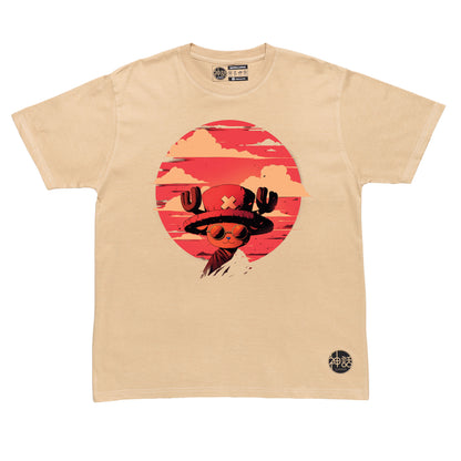 anime reindeer boy wearing hat with X and sunglasses smiling at camera against red sky on beige t-shirt by Shinwa, streetwear brand from the Philippines