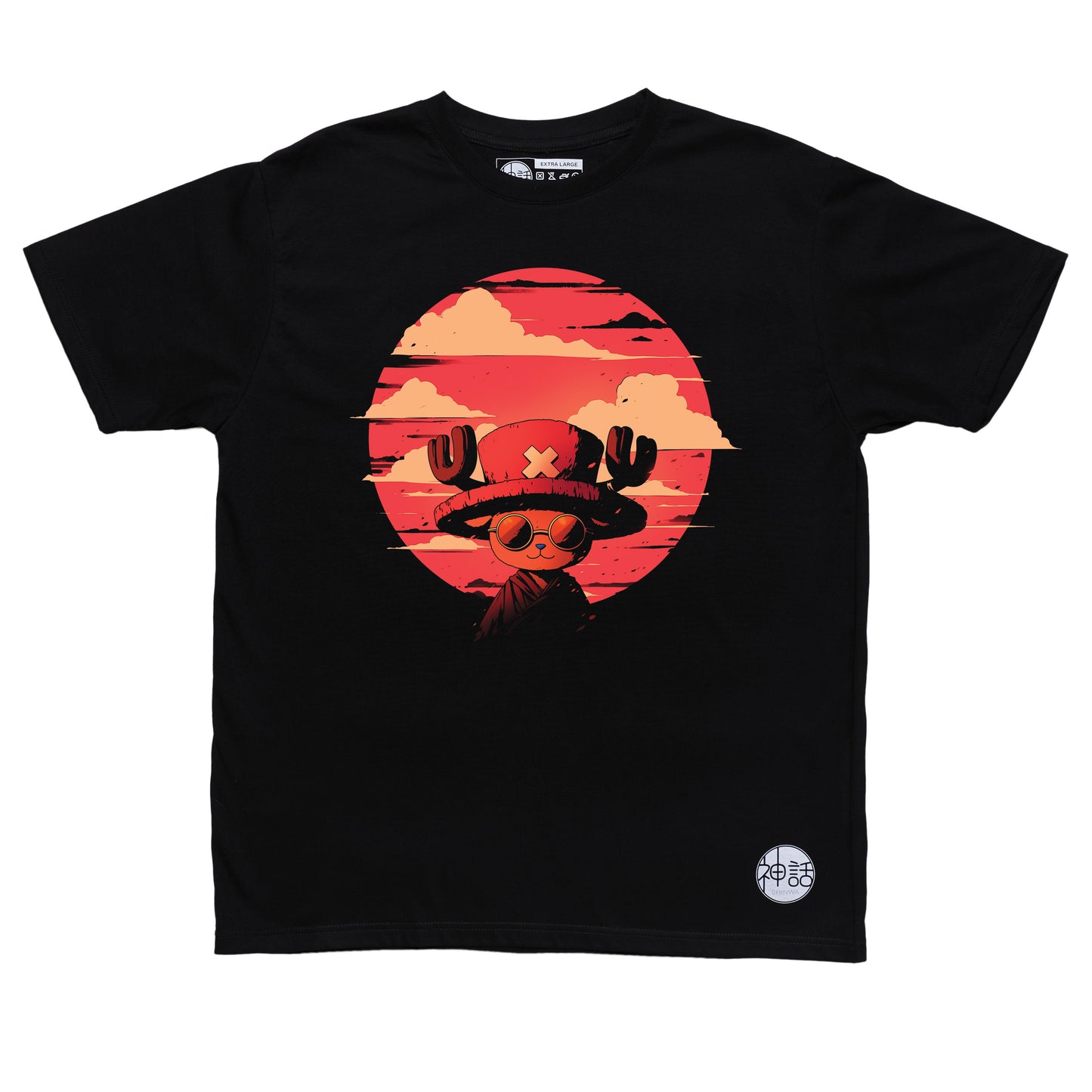anime reindeer boy wearing hat with X and sunglasses smiling at camera against red sky on black t-shirt by Shinwa, streetwear brand from the Philippines