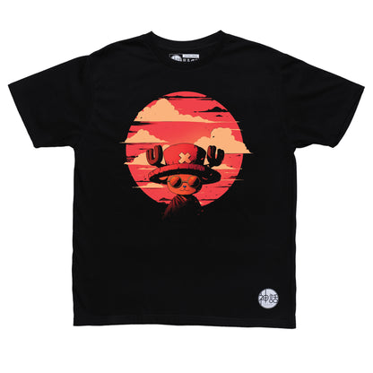 anime reindeer boy wearing hat with X and sunglasses smiling at camera against red sky on black t-shirt by Shinwa, streetwear brand from the Philippines