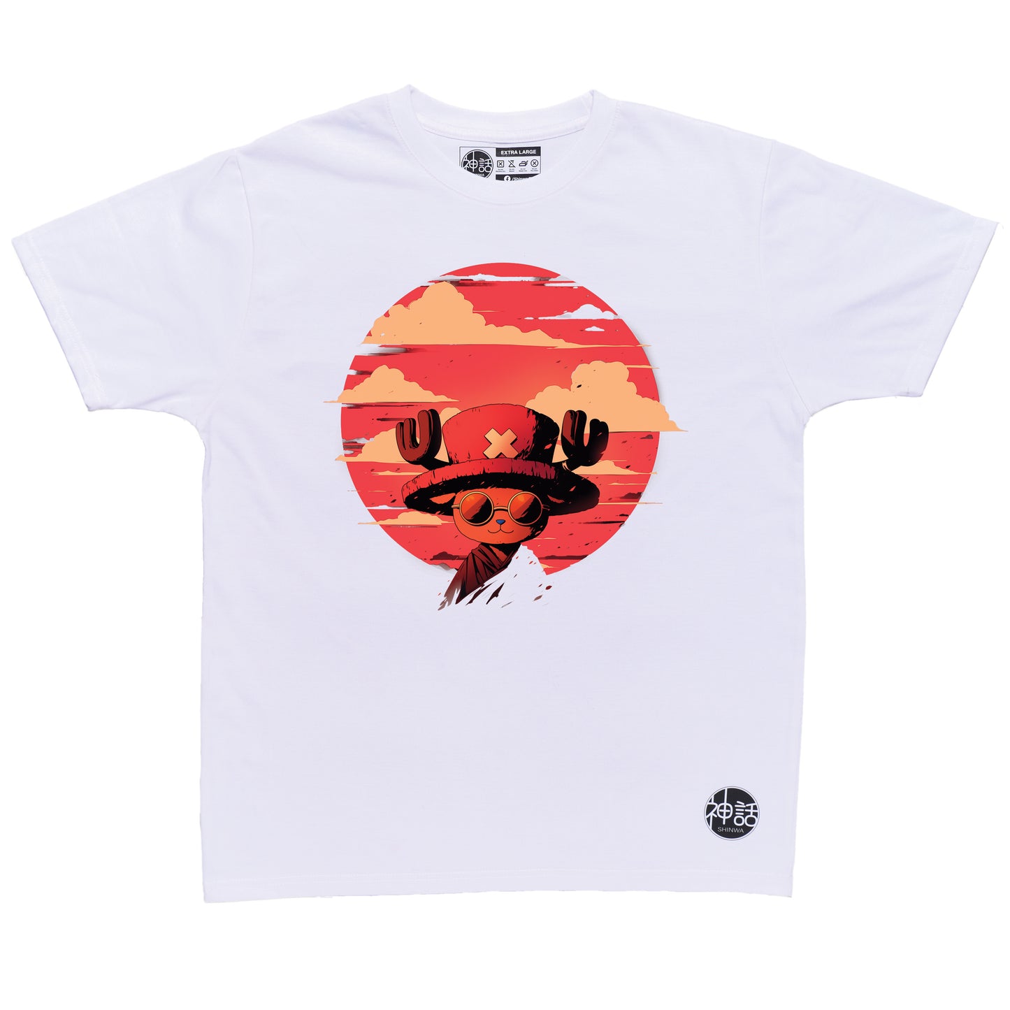 anime reindeer boy wearing hat with X and sunglasses smiling at camera against red sky on white t-shirt by Shinwa, streetwear brand from the Philippines