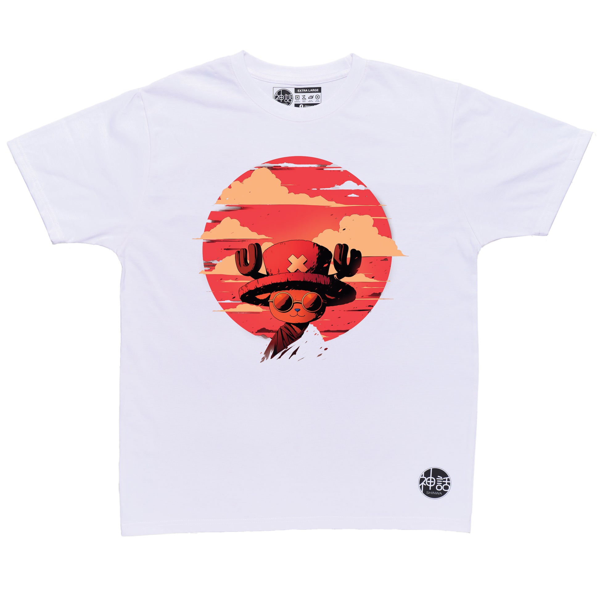 anime reindeer boy wearing hat with X and sunglasses smiling at camera against red sky on white t-shirt by Shinwa, streetwear brand from the Philippines