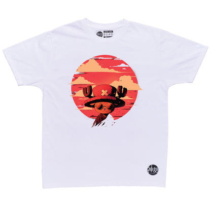 anime reindeer boy wearing hat with X and sunglasses smiling at camera against red sky on white t-shirt by Shinwa, streetwear brand from the Philippines