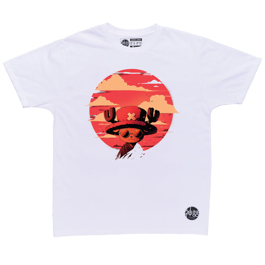 anime reindeer boy wearing hat with X and sunglasses smiling at camera against red sky on white t-shirt by Shinwa, streetwear brand from the Philippines