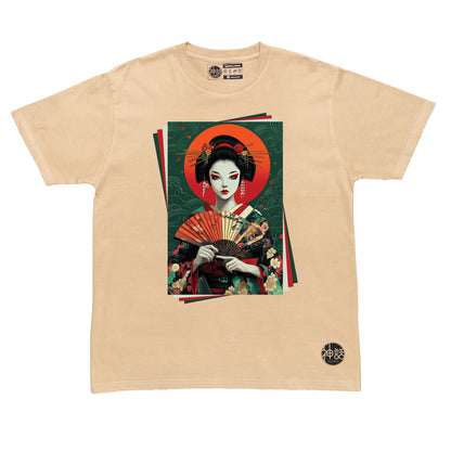 painted geisha holding a colorful fan in beige t-shirt by Shinwa, streetwear brand from the Philippines