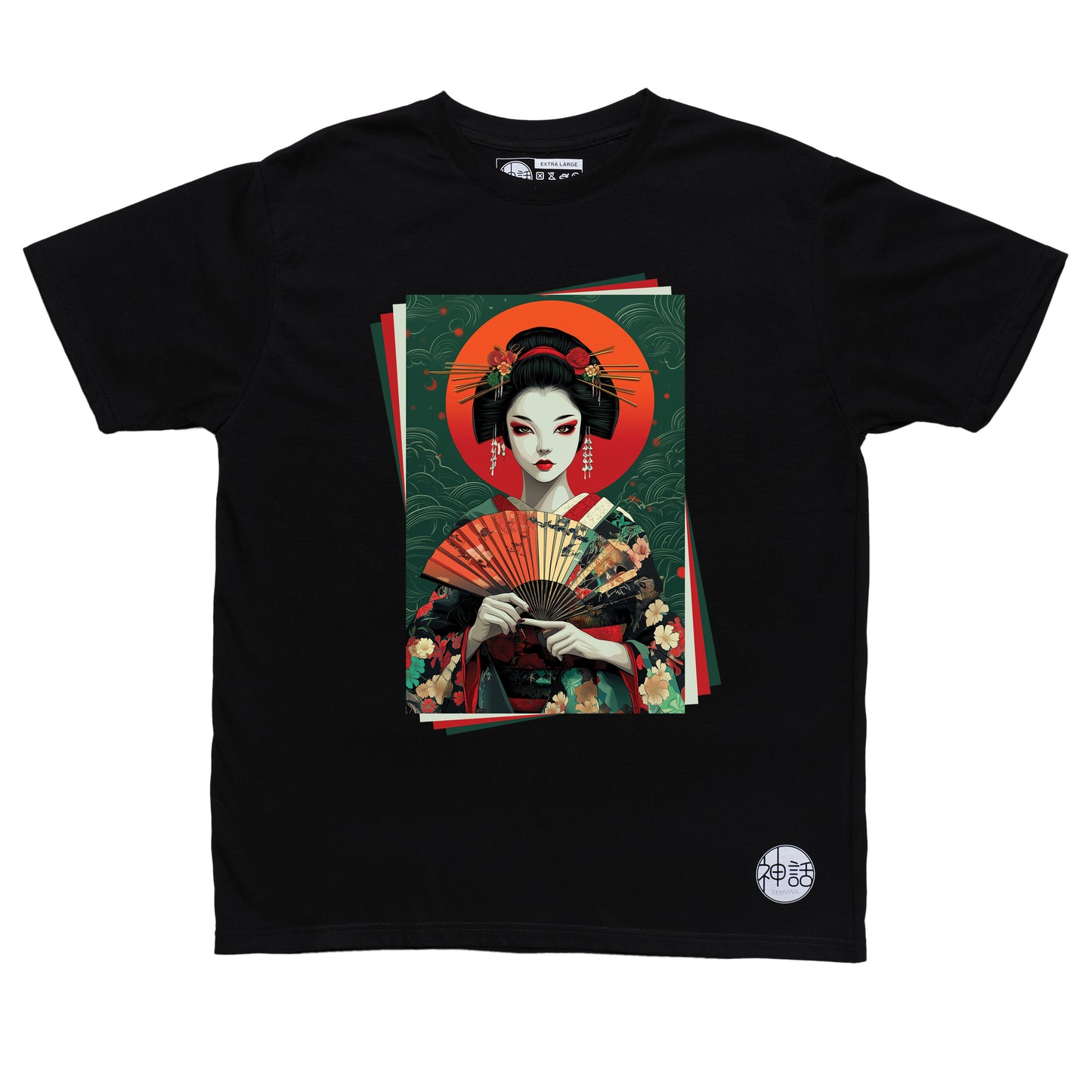 painted geisha holding a colorful fan in black t-shirt by Shinwa, streetwear brand from the Philippines