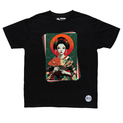 painted geisha holding a colorful fan in black t-shirt by Shinwa, streetwear brand from the Philippines
