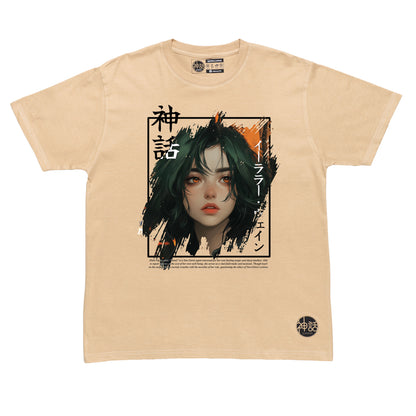 green-haired, orange-eyed anime girl in hoodie graphic on beige t-shirt by Shinwa, streetwear brand from the Philippines
