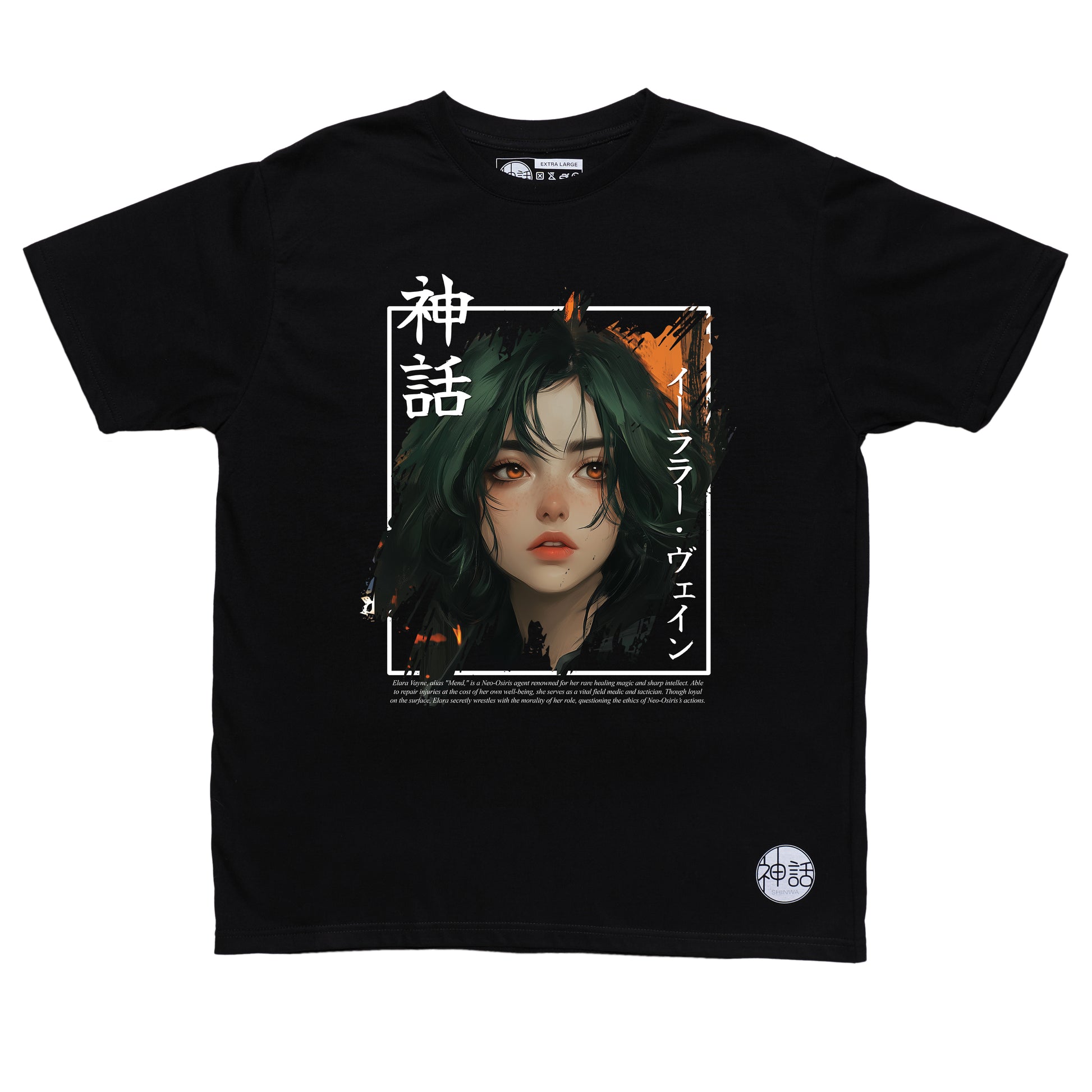 green-haired, orange-eyed anime girl in hoodie graphic on black t-shirt by Shinwa, streetwear brand from the Philippines