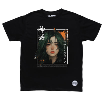 green-haired, orange-eyed anime girl in hoodie graphic on black t-shirt by Shinwa, streetwear brand from the Philippines