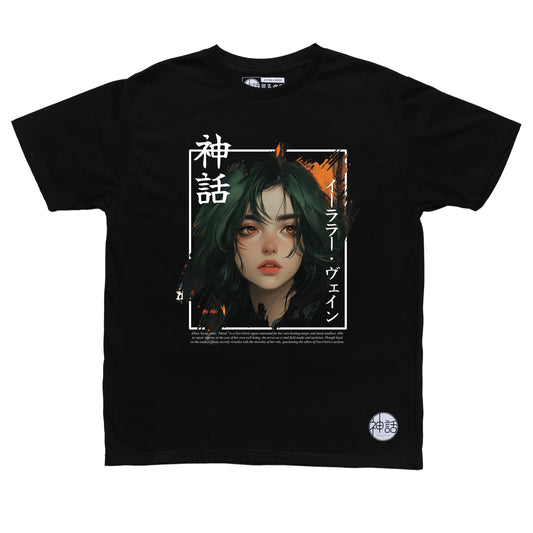 green-haired, orange-eyed anime girl in hoodie graphic on black t-shirt by Shinwa, streetwear brand from the Philippines