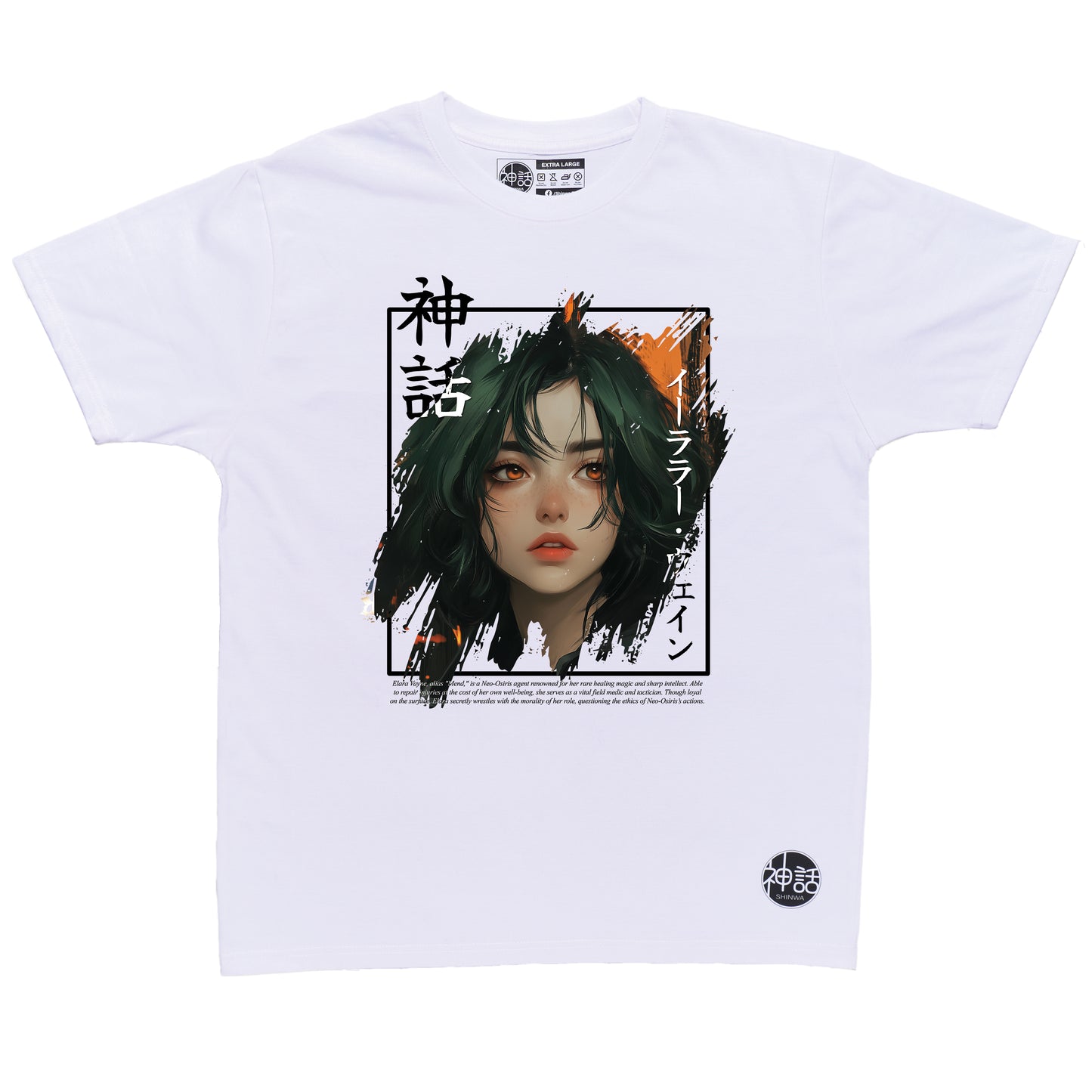 green-haired, orange-eyed anime girl in hoodie graphic on white t-shirt by Shinwa, streetwear brand from the Philippines