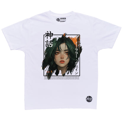 green-haired, orange-eyed anime girl in hoodie graphic on white t-shirt by Shinwa, streetwear brand from the Philippines