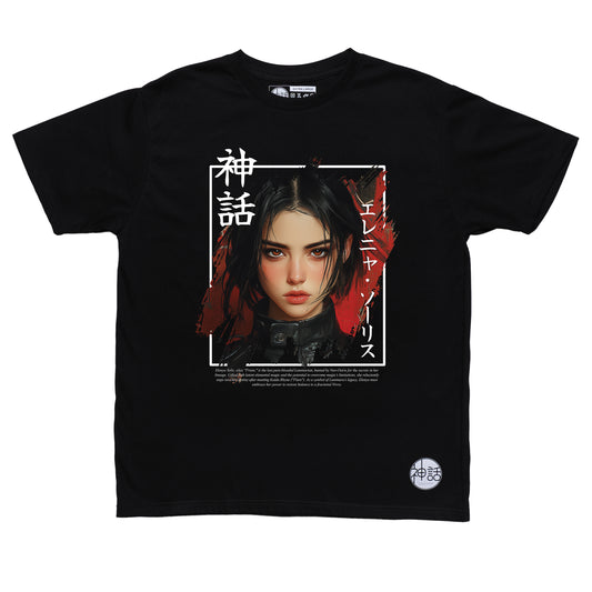 black-haired modern samurai anime girl in black t-shirt by Shinwa, streetwear brand from the Philippines