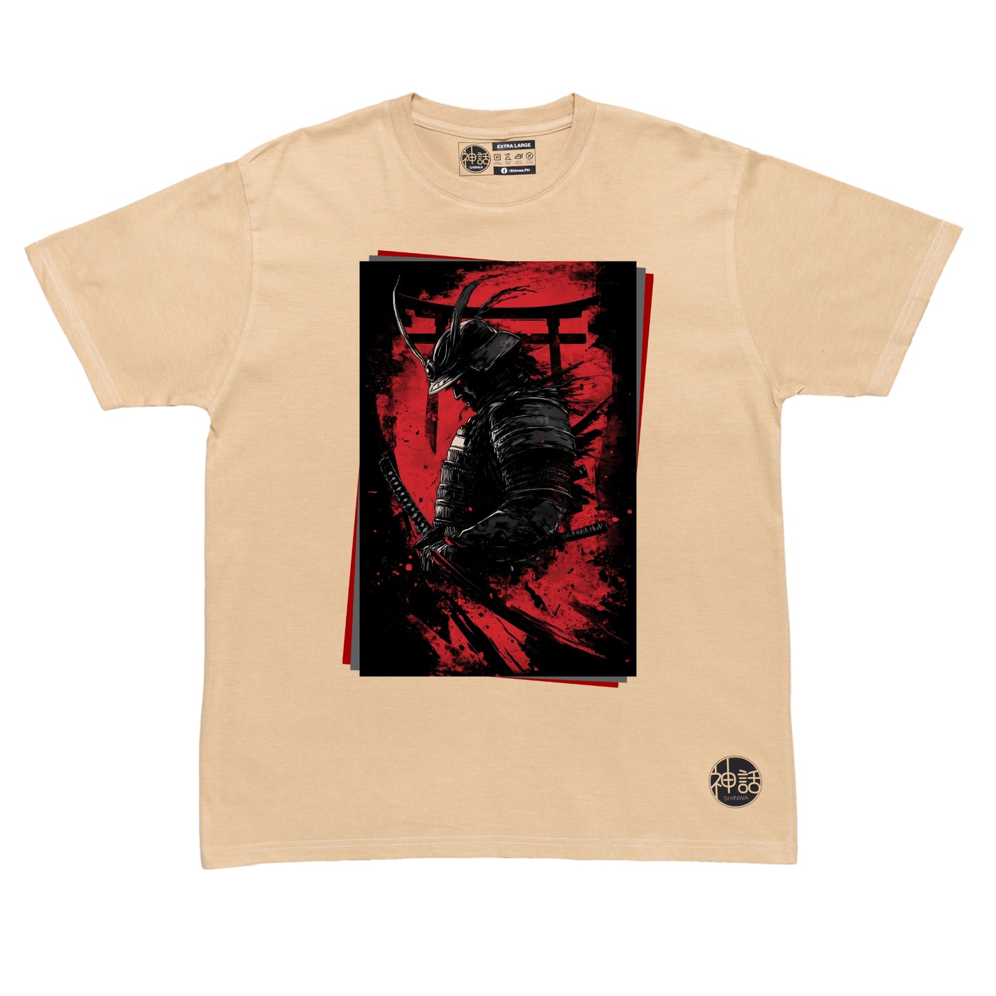 silhouette of a samurai in front of a torii gate on beige shirt by Shinwa, streetwear brand from the Philippines