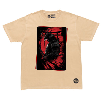 silhouette of a samurai in front of a torii gate on beige shirt by Shinwa, streetwear brand from the Philippines